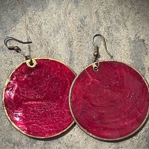 Genuine Red Stained Glass Enclosed Hoop Earrings w/ Gold Trim
